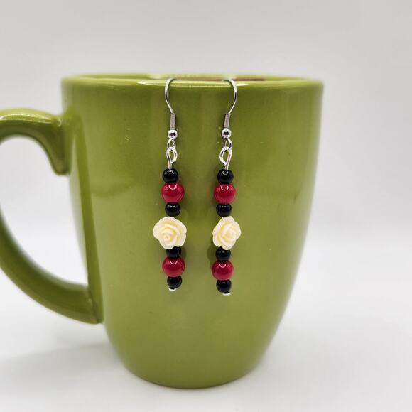 Handmade Cream Carved Rose, Black Amethyst & Red Coral Dangle Earrings 2.5" - Picture 8 of 9